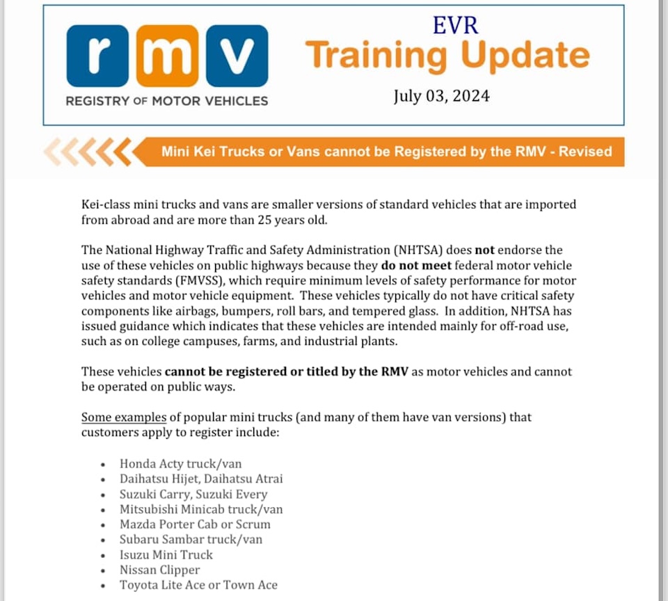 Massachusetts RMV July 3 training document on identifying kei vehicles